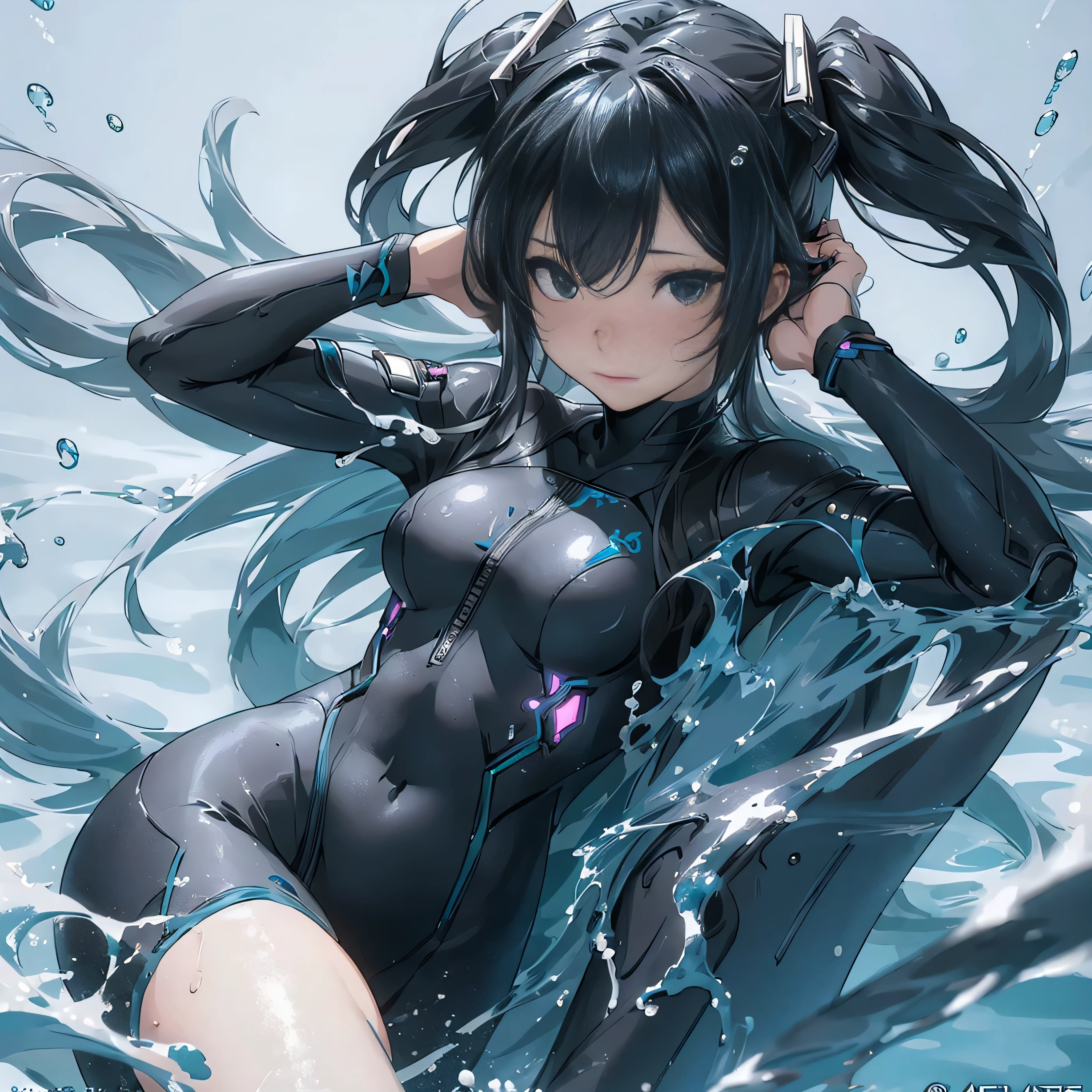 (masterpiece、Highest quality、Highest quality、Official Art、Beautiful, beautiful:1.2)、(1 girl:1.3)hatsune miku、Twin tails,Big Breasts,Wearing a blue wetsuit、Anime girl posing underwater with hands on head, 8K high quality, detailed art, A close-up fantasy using the magic of water, Wet, shiny skin!!, Asian female water spirit, 3d rendering character art 8k, deviantart artstation cgscosiety, Beautiful Female Warframe, Ultra-precision water, Character is covered in liquid