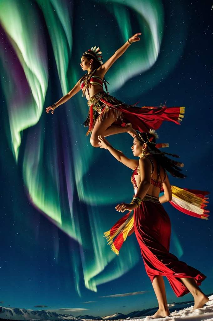 A beautiful and elegant goddess dancing while causing the northern lights while a tribe of indigenous people look at her in amazement and hope