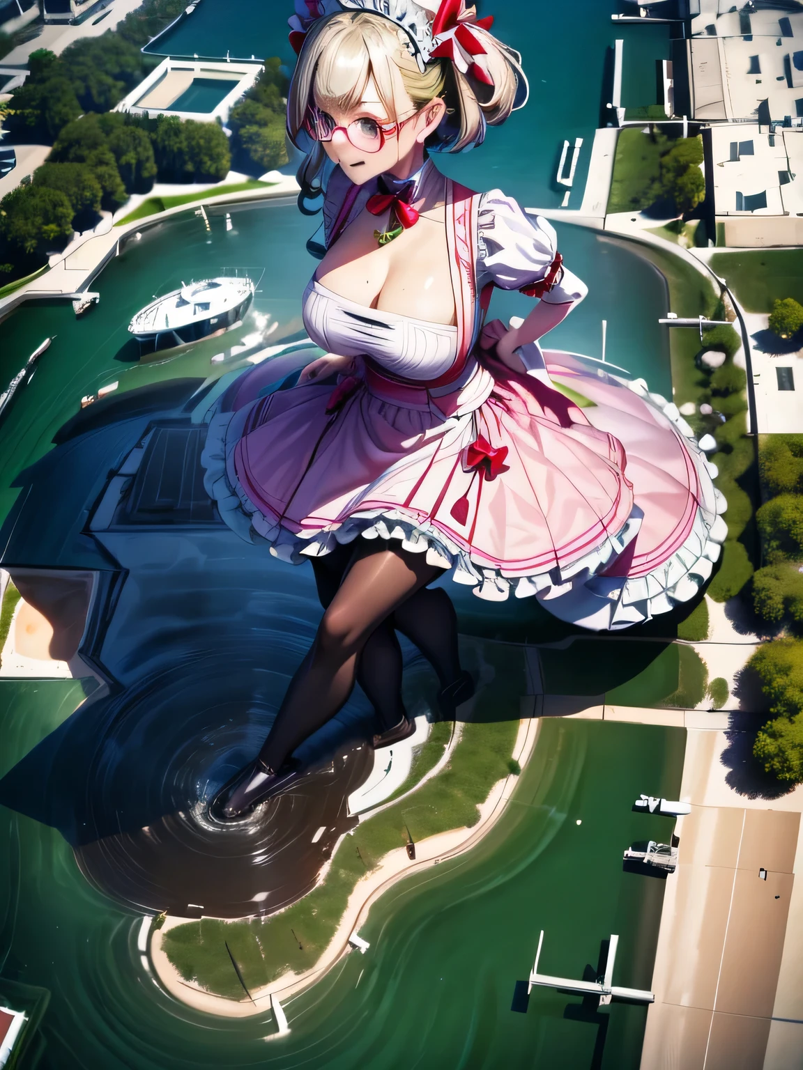 multiple girls, 3girls, standing, giantess art, highly detailed giantess shot, giantess, most detailed, perfect face, two legs, five fingers, short hair, beautiful girl bigger than a skyscraper, wearing rimless glasses, smiling, huge breasts, maid, maid outfit, black pantyhose, no shoes, toes visible through pantyhose, steam coming out of soles of feet, seaside metropolis, ocean, destroying city, under heavy attack, very small metropolis, miniature metropolis, full body depiction, GTS, giga giant, trampling city, crashed city, small city, micro city, pantyhose feet, high resolution, best quality, masterpiece,