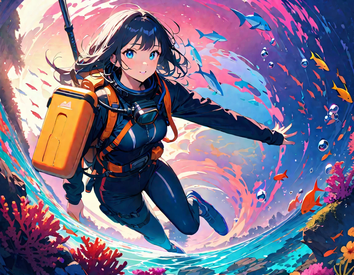 (Highest quality:1.2, Very detailed, up to date, Vibrant, Super Detail, Ultra-high resolution, High Contrast, masterpiece:1.2, Highest quality, Best aesthetics), Detailed eyes、Underwater Scene、Anime girls、Beautiful Lips、Colorful tropical fish、Coral、((Wearing a scuba diving suit:1.2))、swimming、Calm expression、rich vegetation、aquatic environment、Light of the sun、Sparkling water reflections、A breathtaking underwater world、Bright colors、Subtle lighting、Tranquility、Life at sea、芸術のmasterpiece、Surreal atmosphere、Diving goggles、Water bubbles、Shimizu、Tropical paradise、A blissful experience、girl'happy face、Coral礁、珍しいLife at sea、Rising Bubbles、Glowing fish scales、A floating sensation like weightlessness。