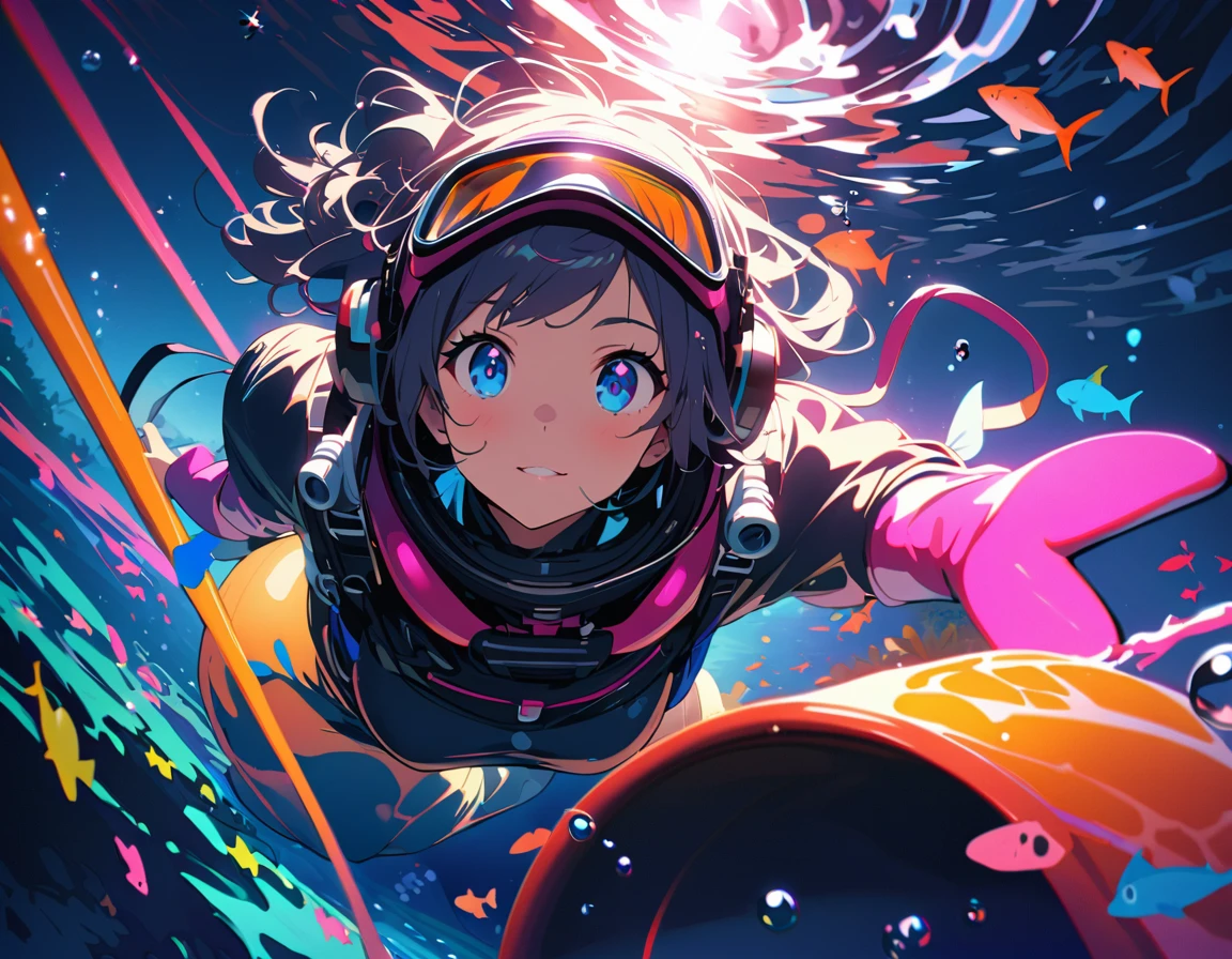 (Highest quality:1.2, Very detailed, up to date, Vibrant, Super Detail, Ultra-high resolution, High Contrast, masterpiece:1.2, Highest quality, Best aesthetics), Detailed eyes、Underwater Scene、Anime girls、Beautiful Lips、Colorful tropical fish、Coral、((Wearing a scuba diving suit:1.2))、swimming、Calm expression、rich vegetation、aquatic environment、Light of the sun、Sparkling water reflections、A breathtaking underwater world、Bright colors、Subtle lighting、Tranquility、Life at sea、芸術のmasterpiece、Surreal atmosphere、Diving goggles、Water bubbles、Shimizu、Tropical paradise、A blissful experience、girl'happy face、Coral礁、珍しいLife at sea、Rising Bubbles、Glowing fish scales、A floating sensation like weightlessness。