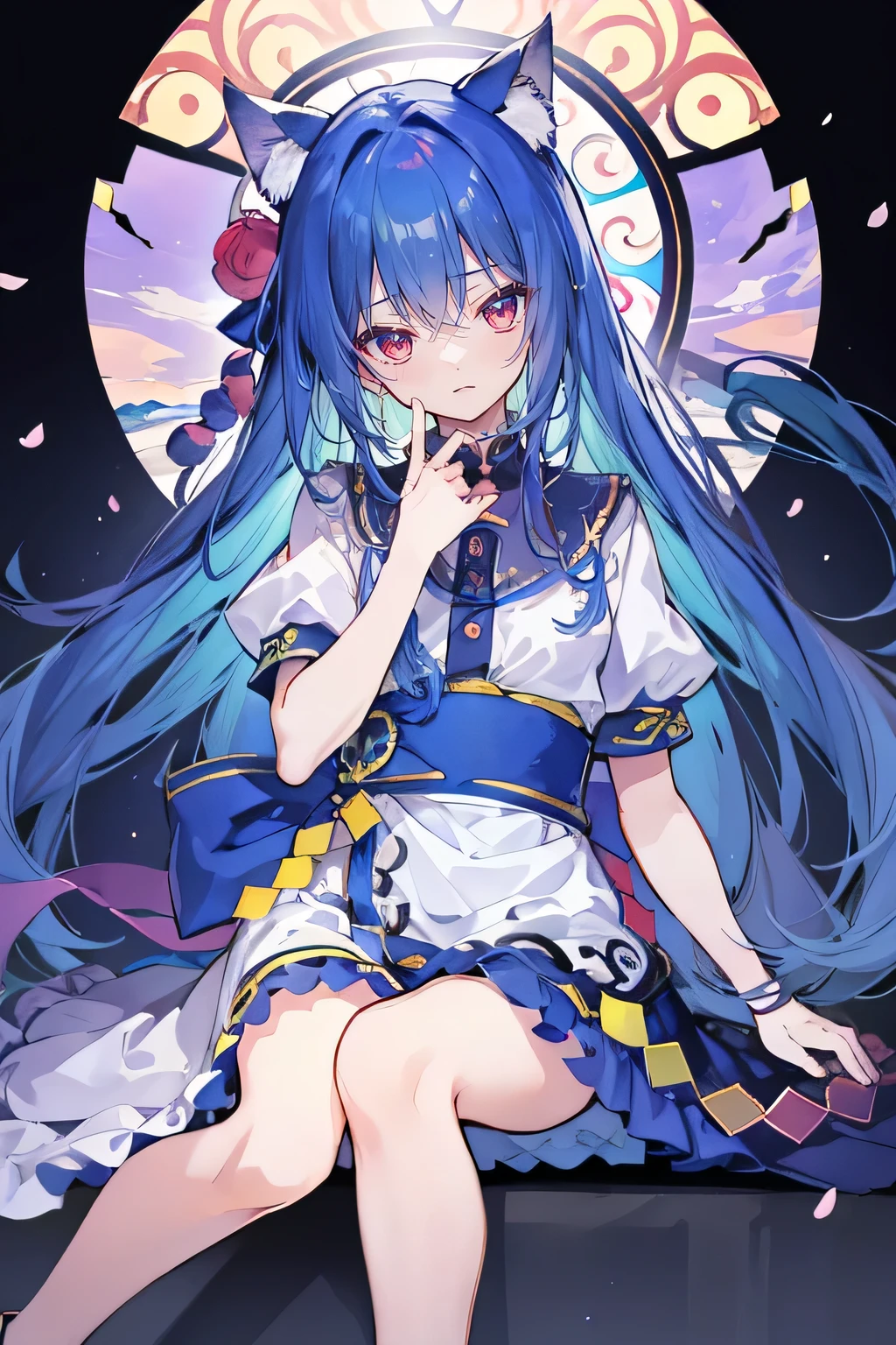 (masterpiece:1.2),Extremely detailed,Practical,expressive eyes,Fair skin,Perfect face shaping,1 Girl,
Japanese cartoons,Gorgeous blue hair, the long flowing blue hair,Floating clothes,Cat ears,Petals fall,beautiful lola,Young Angel,
Place your hands on your waist,sit elegantly on the ground,Cross your legs,Gentle and peaceful background,stately church,Place your hand on your lips。