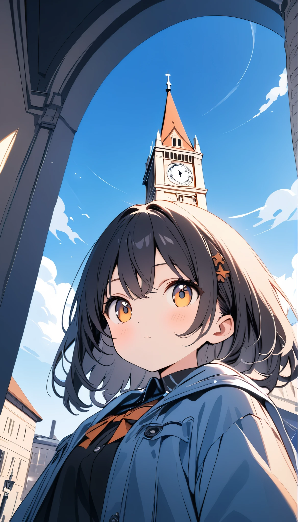 ((Picture books))、High contrast、(8k, Highest quality)、Ultra-high resolution、adorable、Highest quality, beautiful, Absurd beauty、masterpiece、Best image quality、Clock Tower and Girl Theme、European Landscape、Clock Tower Background、A girl taking a commemorative photo、Looking up from below、Emphasize shading