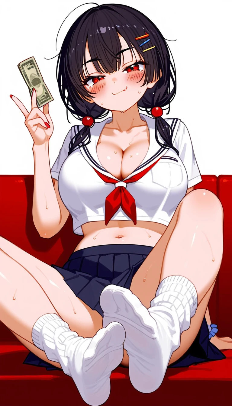 (best quality), 8k, masterpiece, sitting, soles, foot focus, gyaru, crop top, short skirt, slouch socks, white socks, sweat, cleavage, suggestive,
BREAK,
1girl, black hair, perfect face, red eyes, ((((sanpaku eyes)))), blush, blushing, (messy pigtails), long pigtails, barrettes, (pale skin), black eyeliner, long lashes, smug,
BREAK,
, collarbone, ((big-breasts)), thick thighs, holding money,
BREAK, simple background, white background,