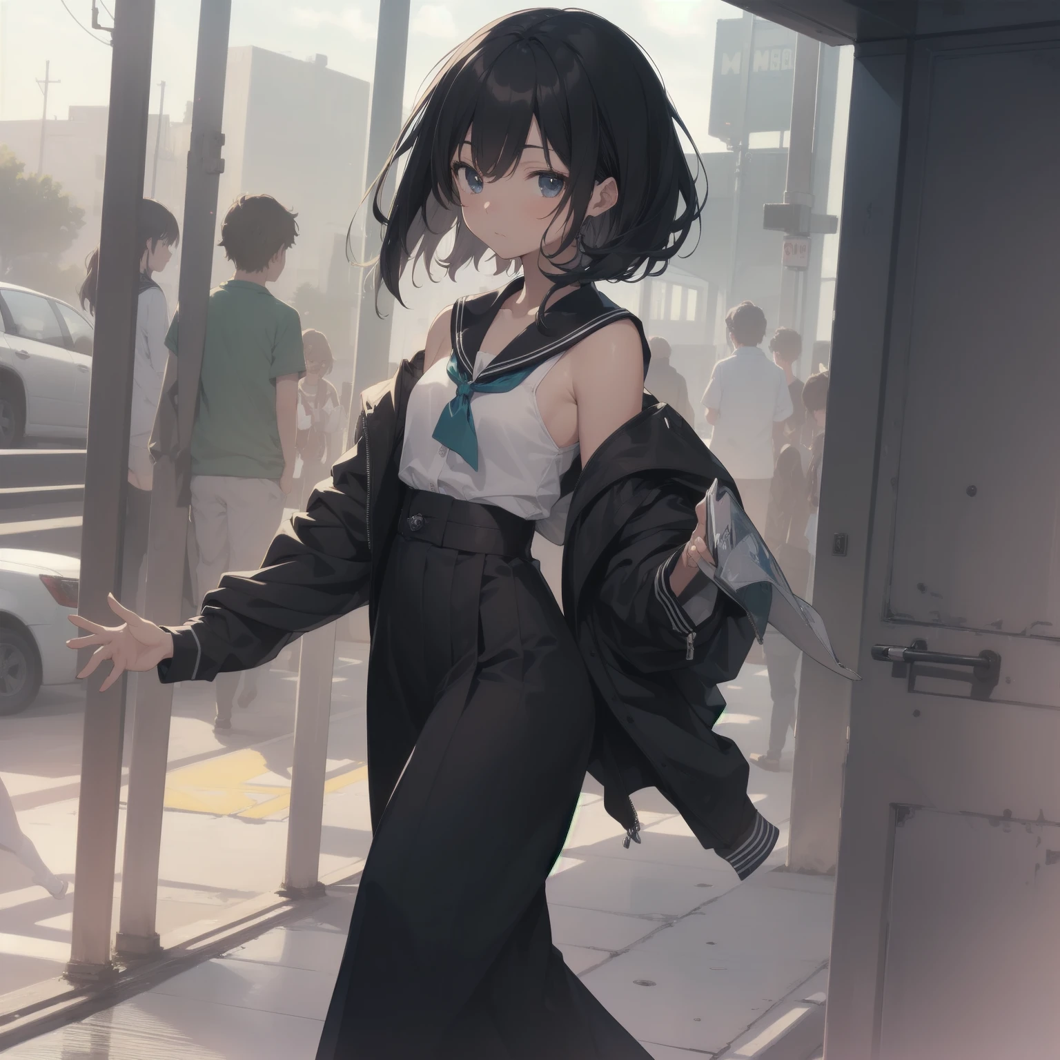 ultra-absurdres-Top quality by artist God, ultra-detailed, high resolution, anime moe artstyle, best anime 8k konachan wallpaper, pixiv contest winner, pool:2810, perfect anatomy,break, 1girl, (Please draw a girl walking sleepily to school alone. )break,(Solo,little female, -yeld:1.Full limbs, complete fingers,a junior hihort hair), short cut, flat chest, , small butt, small black eyes, beautiful detailed eyes, well-proportioned iris and pupils, expressive eyes, highres detailed hair, soft expression, salor school_uniform, sailor collar, serahuku, bow, pleated skirt,(Detailed Lighting), (Detailed background), in the School commute route. break,super detailed skin, Best cinematic lighting powered by famous artist, 8k,beauty illustration,photoshop_(medium),very aesthetic,break,((artist:anti_(untea9) )), artist:clamp ,artist:carnelian ,artist:kantoku ,