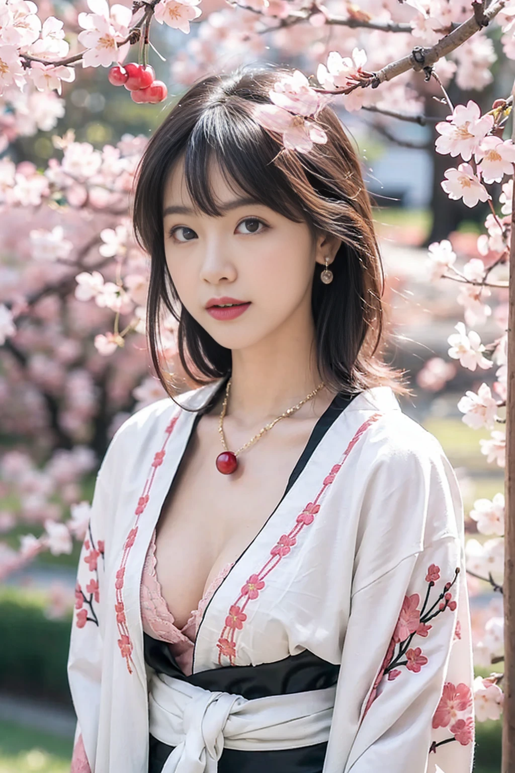 (Emo art:1.6),(8k, RAW Photos, Highest quality, masterpiece:1.3),(Realistic:1.25), High resolution, 超High resolution, dynamic,(colorful:1.35) , Light blooming effect,(Blurred Background), break 1 girl, alone,(Perfect Face:1.2),Representing a beautiful and elegant woman,(Very beautiful woman standing),(Wide Shot:1.2),Big Breasts ,Nipples 、boobout:1.0,Intricate details, Adorable, Vibrant, Playful, (Perfect hands, Fine hand, Perfect Eyes, Detailed eyes),(great joy:1.3),(Improve:1.2), (Sunburned skin:1.1),(Realistic Skin and Hair Texture, Beautiful in every detail & Gloss & significantly),(Short, straight amber hair:1.3),(Striped Hair),Long, narrow eyes, Nose face ,Beautifully protruding chin,(High nose),((Long Bangs:1.3)),Enchantingな, Decorated, Charm,Enchanting, Enchantingな, stylish, dizzying,(Healthy Body:1.2), break ((Fancy costumes:1.6),(Traditional kimono with colorful and shiny luxury Japan:1.4),(Luxury Japanese kimono:1.4,Pale-colored Japanese kimono ,Detailed embroidery:1.4)),(Cherry blossom earrings and necklaces、As a hair accessory:1.3),break (Wind:1.4),Browsing Caution:1.0,(Scattering cherry blossoms:1.6),(Cherry blossom trees),(Cherry blossom petals fluttering, SakuraFubuki),(Highly detailed scene background), Blur the background,Mix 4,