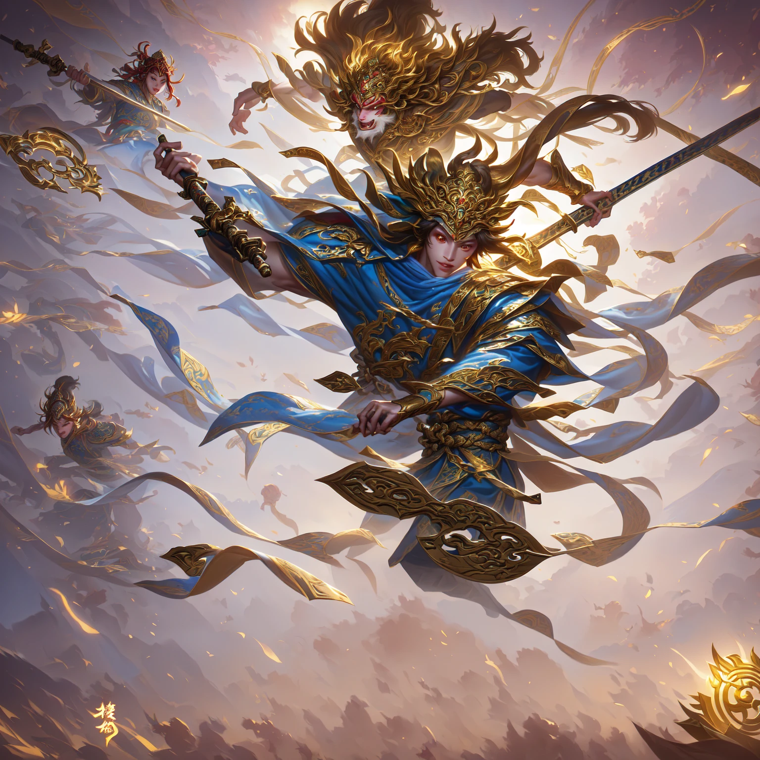 There is a painting,There are two monkeys in the painting,Holding a sword,Wear a helmet, sun wukong, wukong, Sun Wukong, Nguyen Chia and Michael Komarck, Wing Wall and Shurak, WLOP 和 Sakimichan, cgsociety and fenghua zhong, wlop 和 ross tran, Inspired by Hu Zaobin