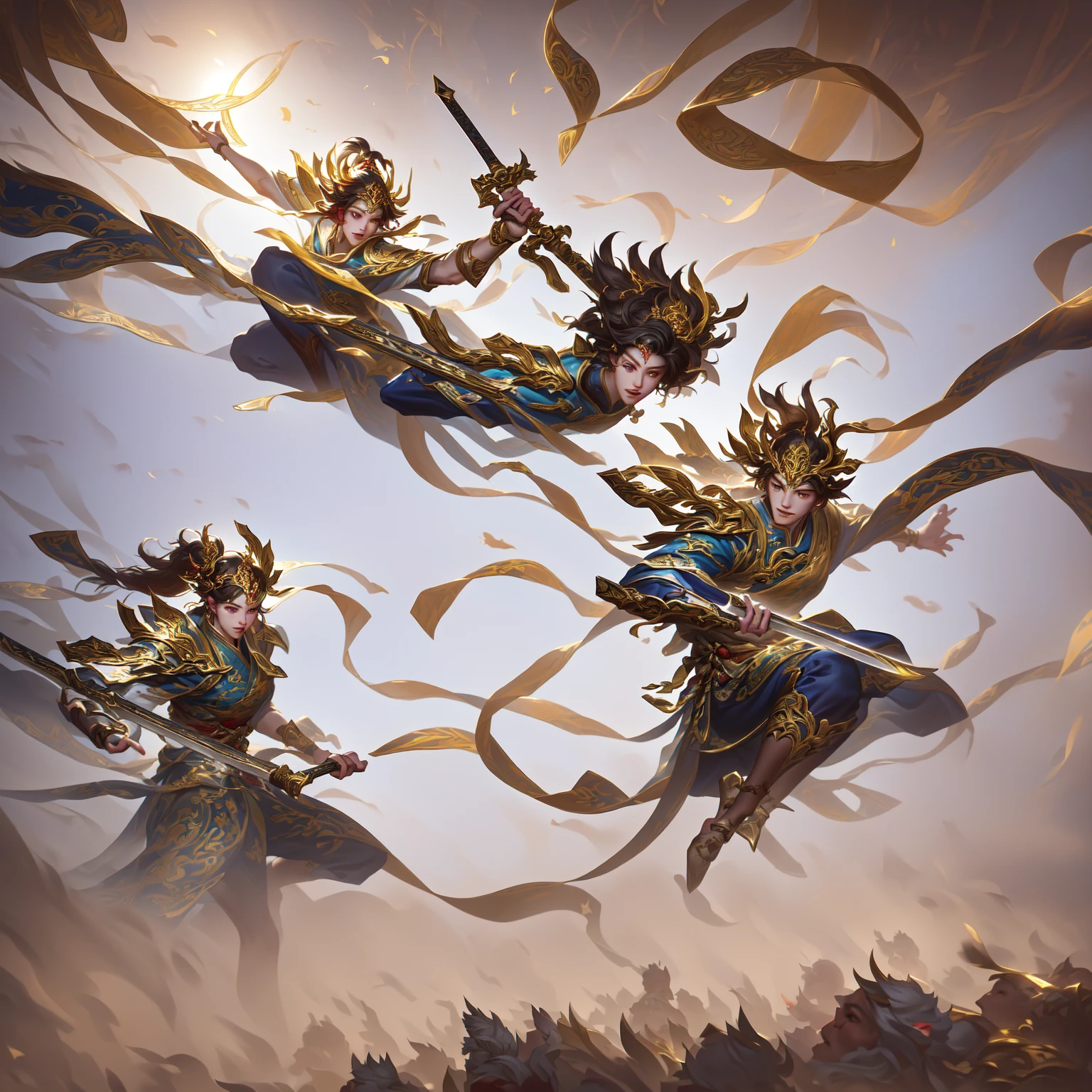 There is a painting,There are two monkeys in the painting,Holding a sword,Wear a helmet, sun wukong, wukong, Sun Wukong, Nguyen Chia and Michael Komarck, Wing Wall and Shurak, WLOP 和 Sakimichan, cgsociety and fenghua zhong, wlop 和 ross tran, Inspired by Hu Zaobin