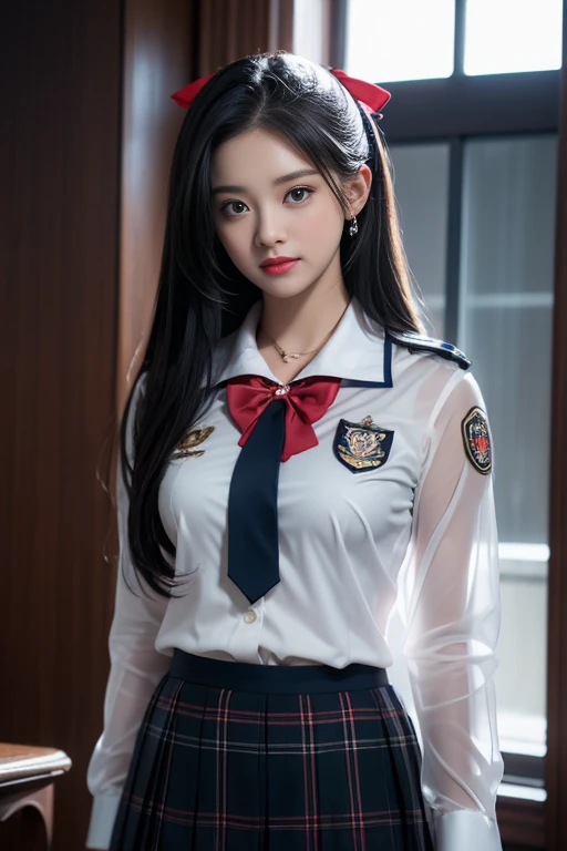 ( No training for female students)，Charming eyes，Operation Warming，Turn your face away，bend over，bend over，Look Back，Look up at your head，Thick and long black hair，Very detailed body，The face is rich in detail，Best quality、(P iNK underwear),(high school),((White Blazer、Badge on the chest))、((Translucent shirt)),((Red bow tie)),((Navy Check Flared Skirt)),(black)、