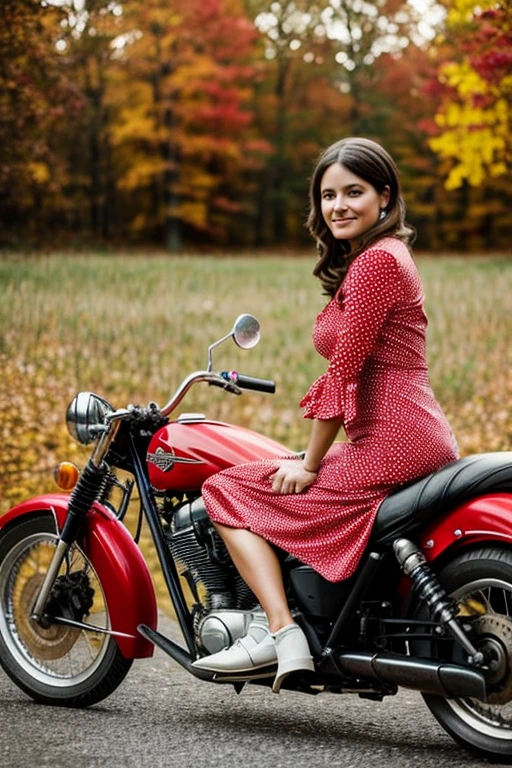 woman, about thirty years old sits on an old motorcycle, dressed in a red dress with white large polka dots, Autumn background