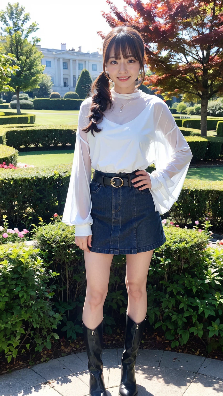 (8k、RAW Photos、Highest quality、masterpiece:1.2)、(Realistic、Realistic)、1 Girl、((one piece、Black and light blue、ponytail、check、Exposed、belt、See-through、mini skirt、Frilledium Hair、smile、whole body、See-through、boots、garden、View from the front、Looking at the camera、Hands on your hips))、cute