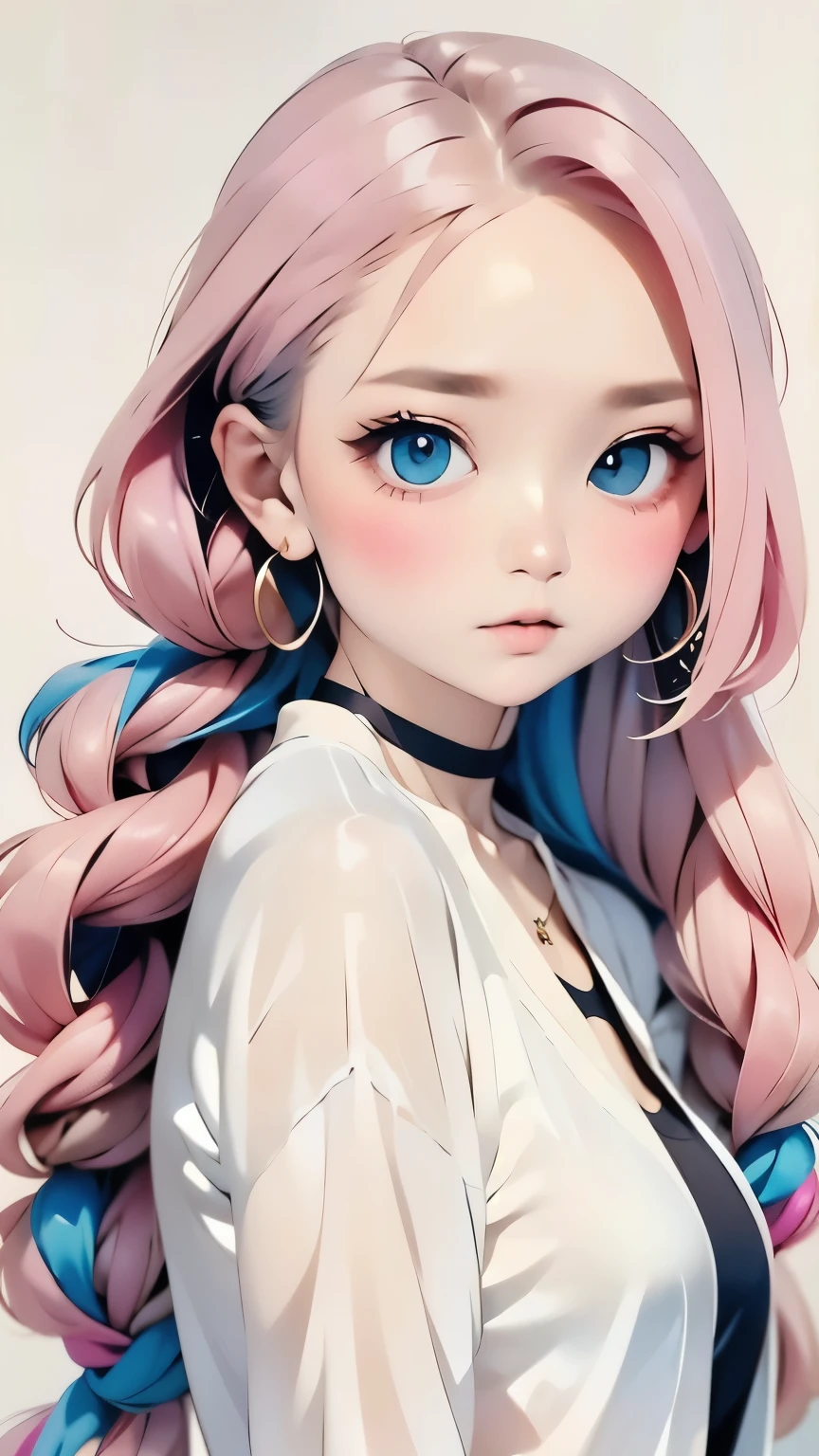 rainbow, One Girl, alone,So cute, Long Hair, Show Viewer, Blue Eyes Background, White Background, jewelry, Mouth closed, Jacket, Upper Body, Pink Hair, Earrings, Pink Eyes, necklace, From the side, sweater, lips, eyelash, Compensate, Wavy Hair, Earrings, cross, lipstick, 耳のEarrings, eye shadow, hoop Earrings, ピンクのlips, Variegated eyes, Pink Theme, , ピンクのeye shadow,