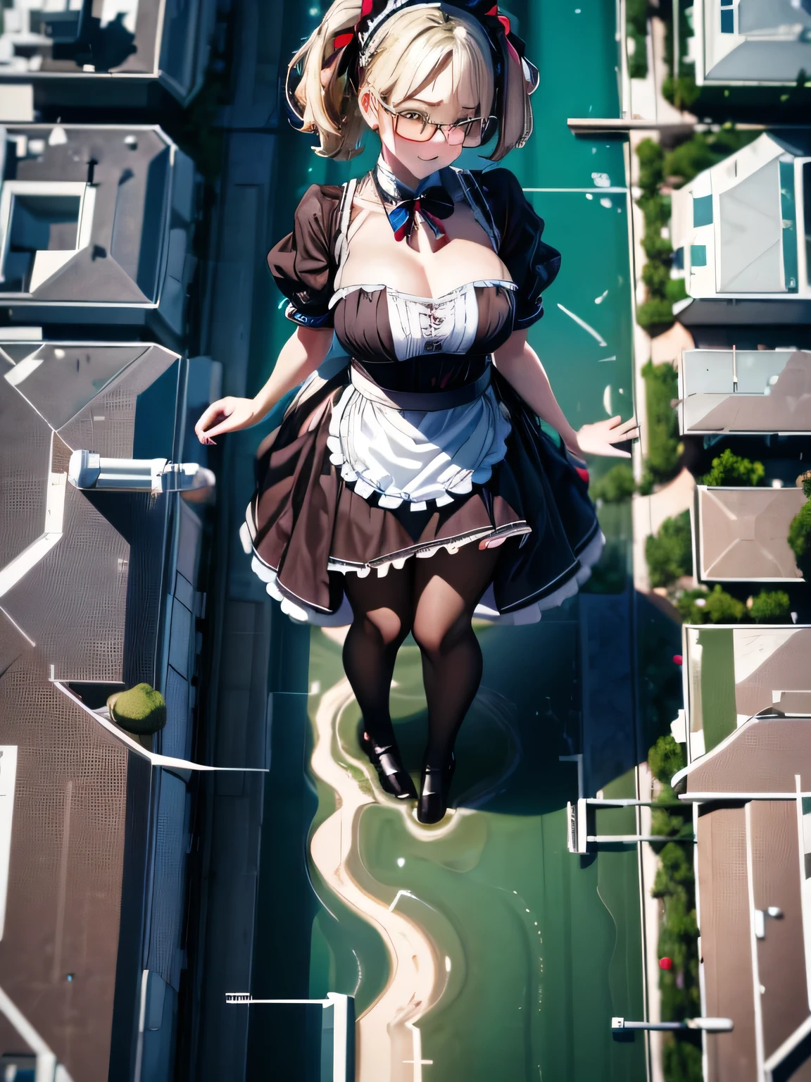 multiple girls, 3girls, standing, giantess art, highly detailed giantess shot, giantess, most detailed, perfect face, two legs, five fingers, short hair, beautiful girl bigger than a skyscraper, wearing rimless glasses, smiling, huge breasts, maid, maid outfit, black pantyhose, no shoes, toes visible through pantyhose, steam coming out of soles of feet, seaside metropolis, ocean, destroying city, under heavy attack, very small metropolis, miniature metropolis, full body depiction, GTS, giga giant, trampling city, crashed city, small city, micro city, pantyhose feet, high resolution, best quality, masterpiece,