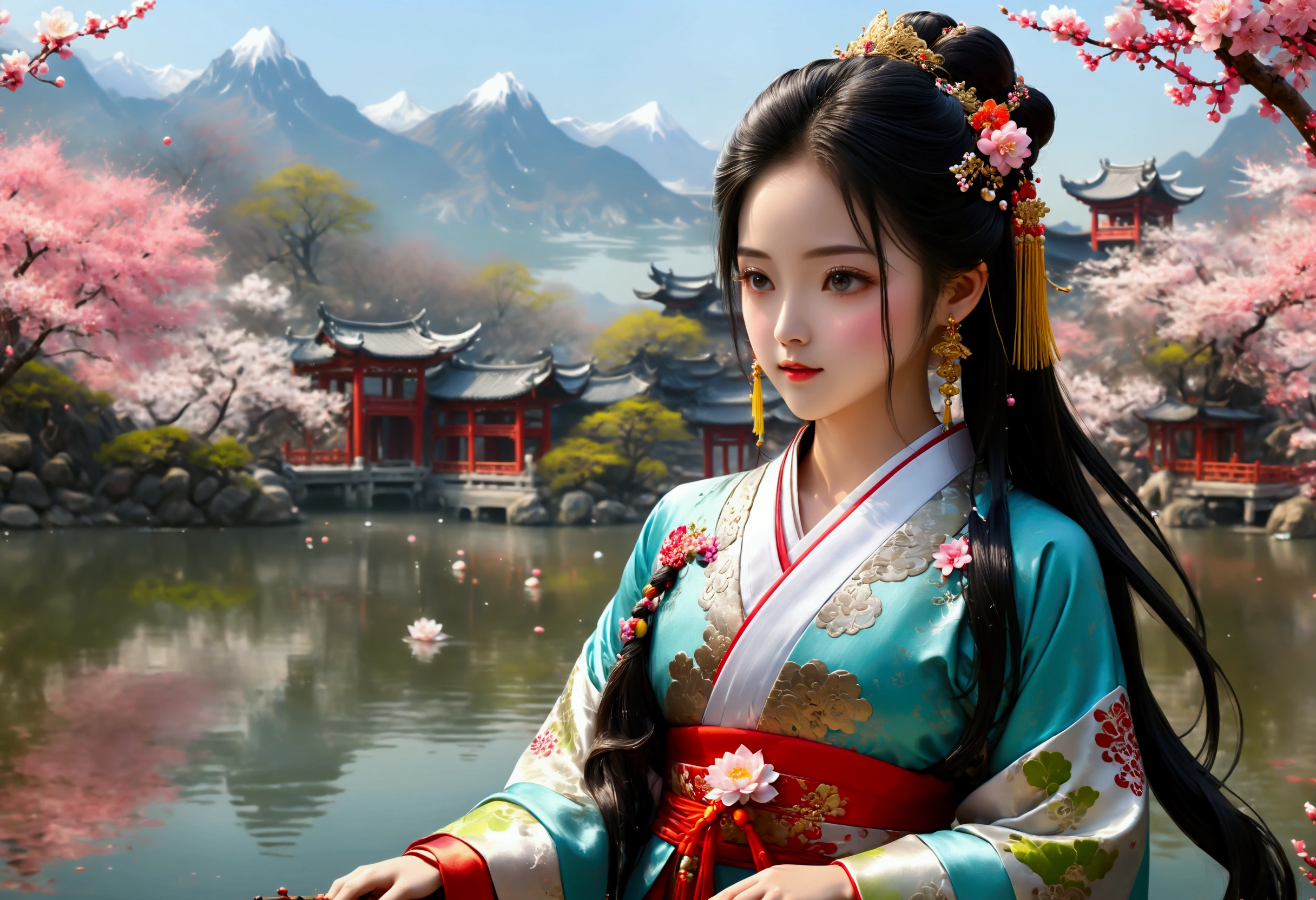 (Panorama, Masterpiece, Best Quality: 1.2), Photorealistic, high resolution, Colorful, colored splashing, Splash, 1 girl, Solo, Hips up, Beautiful eyes, Long hair, Medium breast, Intricate damask hanfu, Gorgeous accessories, Wearing pearl earring, lake, spring, ((impressive beautiful scenery))