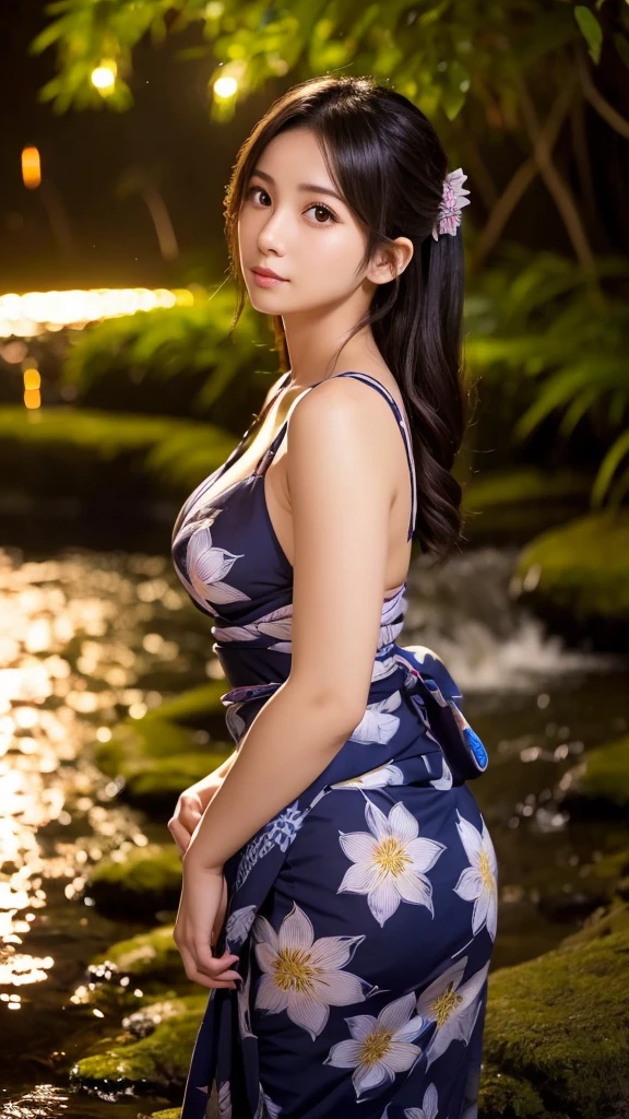 Seated Girl), (Portrait: 1.4), (Black Hair), (Where the viewer is watching: 1.2), Huge Breasts, (Spilling Breasts)), (Patun Dress at the Top: 1.35), (Blue Floral)), (Beautiful Legs), (Night: 1.4), (Rim Light: 1.3), (full_body: 1.4), Particularly Strong Light, (Photo Lighting: 1.4), flesh-colored silk stockings, (Details: Pool: 1.4), from behind, blush, shy, (sunset: 1.2), (sunlight hitting the body), (wet skin: 0.4), (underwater), (short hair), brown hair, floating hair, braided hair