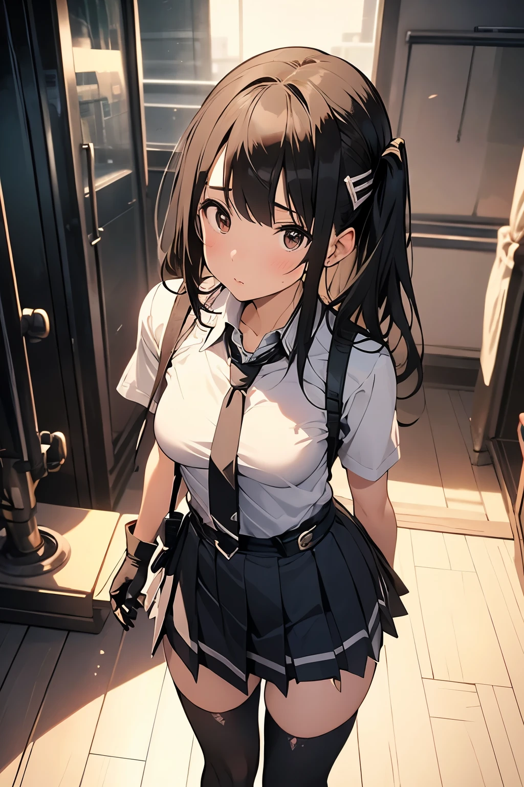 1 female, , high quality, masterpiece, Ultra-high resolution, , Cinema Lighting, , , And the suspenders with the cranes flying　　　Moderate breasts　 　 　　　　Large Breasts　 　 　　　　Small face　 　　　holster　　　　　　　 Lying in bed　Looking up　　　　Sweat 　　　belt　summer　脇Sweat 　Black Hole Gloves　suit　　　　 　garterbelt　Leg Links　ズボンにbelt　　holster　 　　Hands behind your back　 Anxious expression　Looking up　Anxious face　Knee-high　Knee socks　Knee-highソックス garterbelt　garter　ふとももにgarterbelt　Checkered mini skirt　Necktie Headband　ribbon