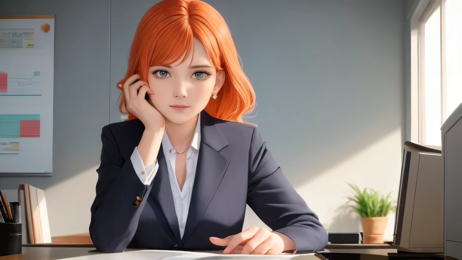 /draw orange hair woman green eyes sitting at desk talking on telephone with computer monitor, 1 9 8 0 s vaporwave business fashion, business woman, 1 9 8 0 s woman, woman in business suit, young business woman, denis velleneuve, female in office dress, sat at her desk, female lawyer, wearing a strict business suit, serious business, working hard, portrait of kim wexler