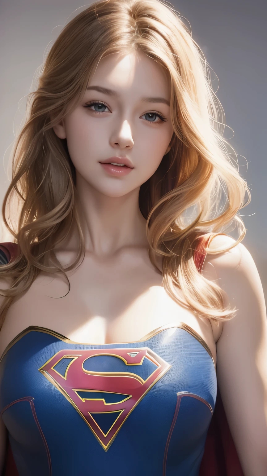 A close-up head and chest portrait of a pretty and cute girl, topless, vulgar tight tits, ripe tits, showing breast, half nude, sexy, take off supergirl costume, cute appearance. The highly detailed digital rendering captures every aspect of her beauty, from her delicate features to the intricate.