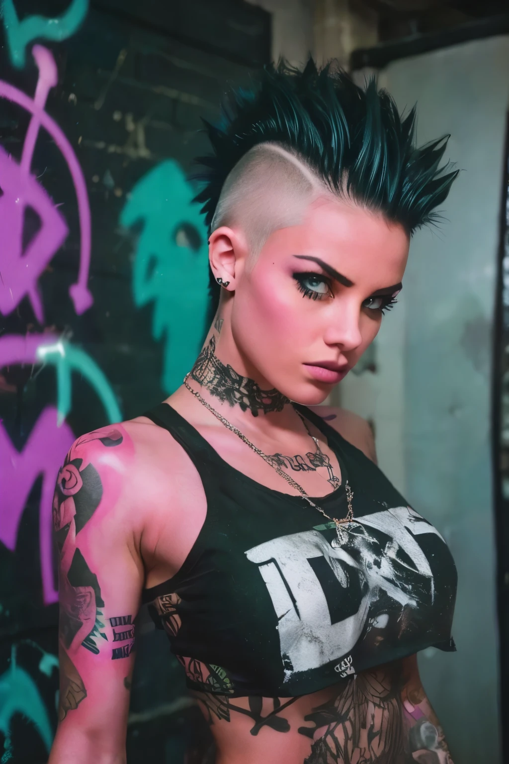 Photorealistic, ultra-detailed, ((Rocker punk girl, spiky mohawk hair)) girl, hot Body Brazilian Girl V.IT:1.4, ABS, tattoo, t-shirt nipples, t-shirt write "666".portrait photo, grunge, side viewer, Solo, dimly lit room, edgy urban scene with graffiti, dark and moody, late evening, city lights flashing, neon lighting The essence of rock and roll, Spike hair, 18 years old, assertive, confident expression, showcasing multiple piercings, blurry background, Crystal clear eyes gleaming with passion, analogue style, grunge texture, Best contrast, industrial, Instagram LUT, Professional, 4k, electrifying gaze, shot on Nikon, 50mm, shallow depth of field,  ((Abandoned Graffiti Wall Background, cinematic lighting )).