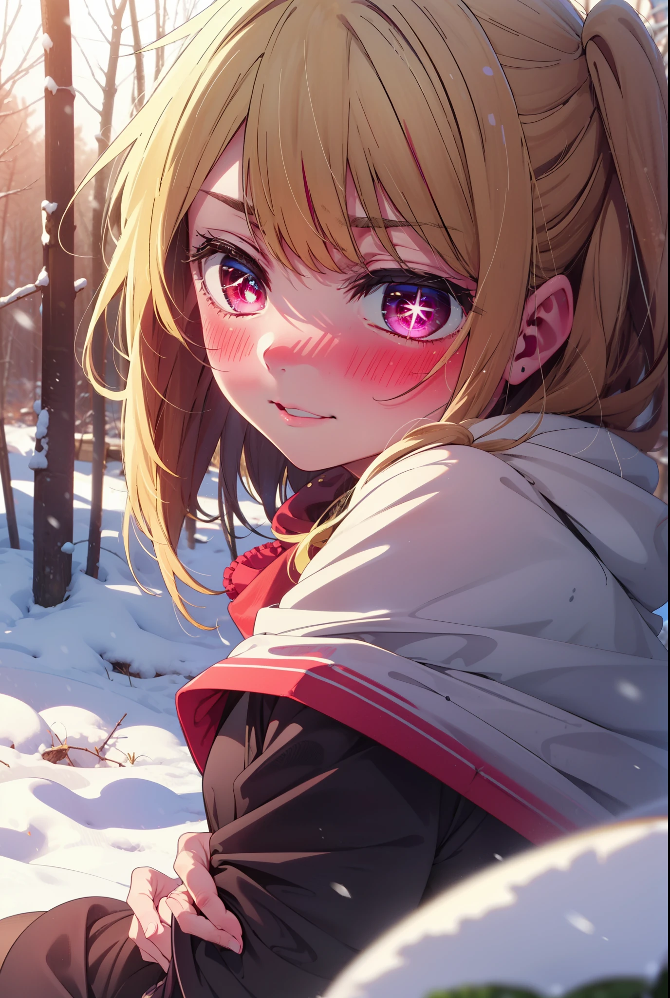 rubyhoshino, Hoshino Ruby, Long Hair, bangs, blonde, (Pink Eyes:1.3), Side Lock, (Symbol-shaped pupil:1.5), Multicolored Hair, Two-tone hair, smile,,smile,blush,white breath,
Open your mouth,snow,Ground bonfire, Outdoor, boots, snowing, From the side, wood, suitcase, Cape, Blurred, , forest, White handbag, nature, Squat, Mouth closed, Cape, winter, Written boundary depth, Black shoes, red Cape break looking at viewer, Upper Body, whole body, break Outdoor, forest, nature, break (masterpiece:1.2), Highest quality, High resolution, unity 8k wallpaper, (shape:0.8), (Beautiful and beautiful eyes:1.6), Highly detailed face, Perfect lighting, Extremely detailed CG, (Perfect hands, Perfect Anatomy),