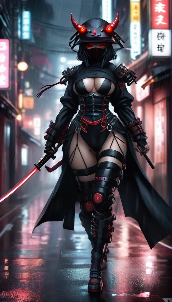 Girl ninja shinobi cyberpunk robot cyborg .big thighs.Wallking street
two samurais walking down a street at night, yasuke.Ninja wearing conical hat. shinobi Cyborg. Red eyes, devil mask, rain. Dark night. Equipped with Sword on back. Katana on back. Robot. gears. screws. lights. wires on back. Arresting monsters in alleys.real. tokyo. UE5 CGI