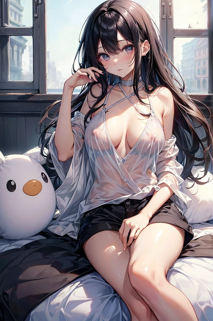 ((Highest quality))、((masterpiece))、(detailed)、((Anatomically correct))、(High resolution、8k)、(Beautiful Skin:1.1)、One woman、Look at me、Shiny black hair、long hair、Straight Hair、(Beautiful eyes:1.2)、White camisole、(Erect nipples)、Shorts、White Room、stuffed toy、window