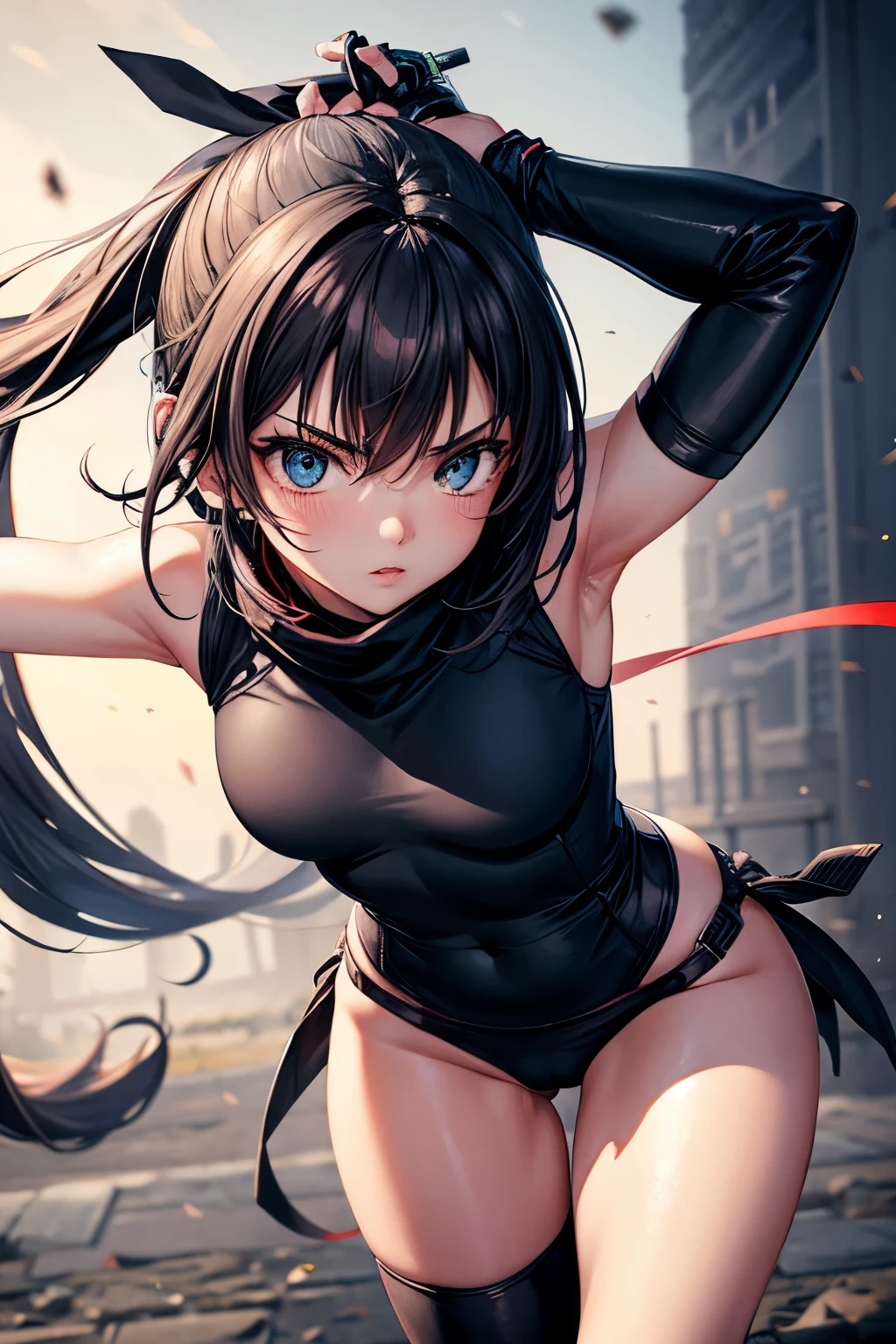 1girl in, (Lori with a very young face:1.2) , (flat chest:1.2), A nasty female ninja with a very young face ,, {{kawaii:1.3}}, Cute, {lovely:1.3}3, tiny girl, Black hair, Ponytail, gloves, Moon, elbow groves, Brown eyes, Night,, Looking at Viewer, fullmoon, Black Gloves, Long hair, Navel, Scrunchie, Bangs, Bare shoulders,Dynamic Pose with Legs Open:1.2, Holding a Japan sword:1.2,East Asian Architecture, nigh sky, architecture, side locks, hair scrunchie, Outdoors, skyporn,full bodyesbian:1.3, (A very li and smear-old gwith lender body with beautiful nipples)、 (Girl in mini skirt showing off gal fancy little pink panties),(huge breast, big tits, slender waist)、tentacles, tentacles sex, vaginal,NSFW