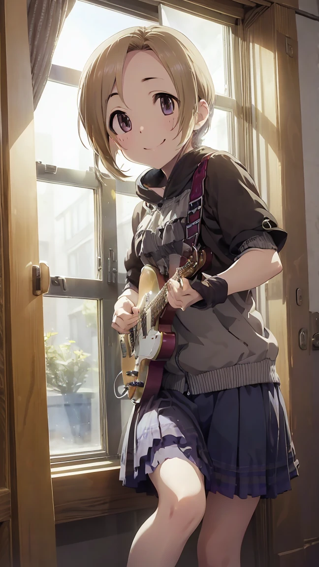 masterpiece, Highest quality, High resolution, Very detailed,(((Koume Shirasaka))), (((I have a guitar。)))、(((indoor)))、(((smile)))、(((window)))、sunny