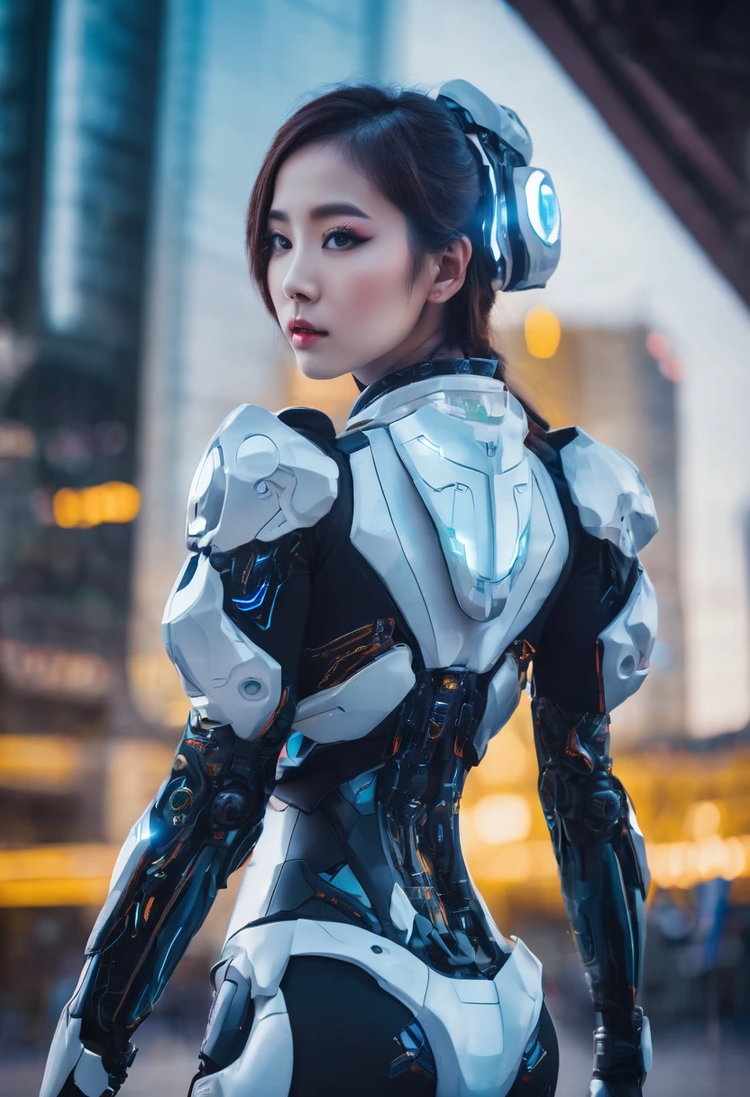 Beautiful woman,AI vision,science fiction,future,futuristic,cyber cosplay, in future city, soft light, full body