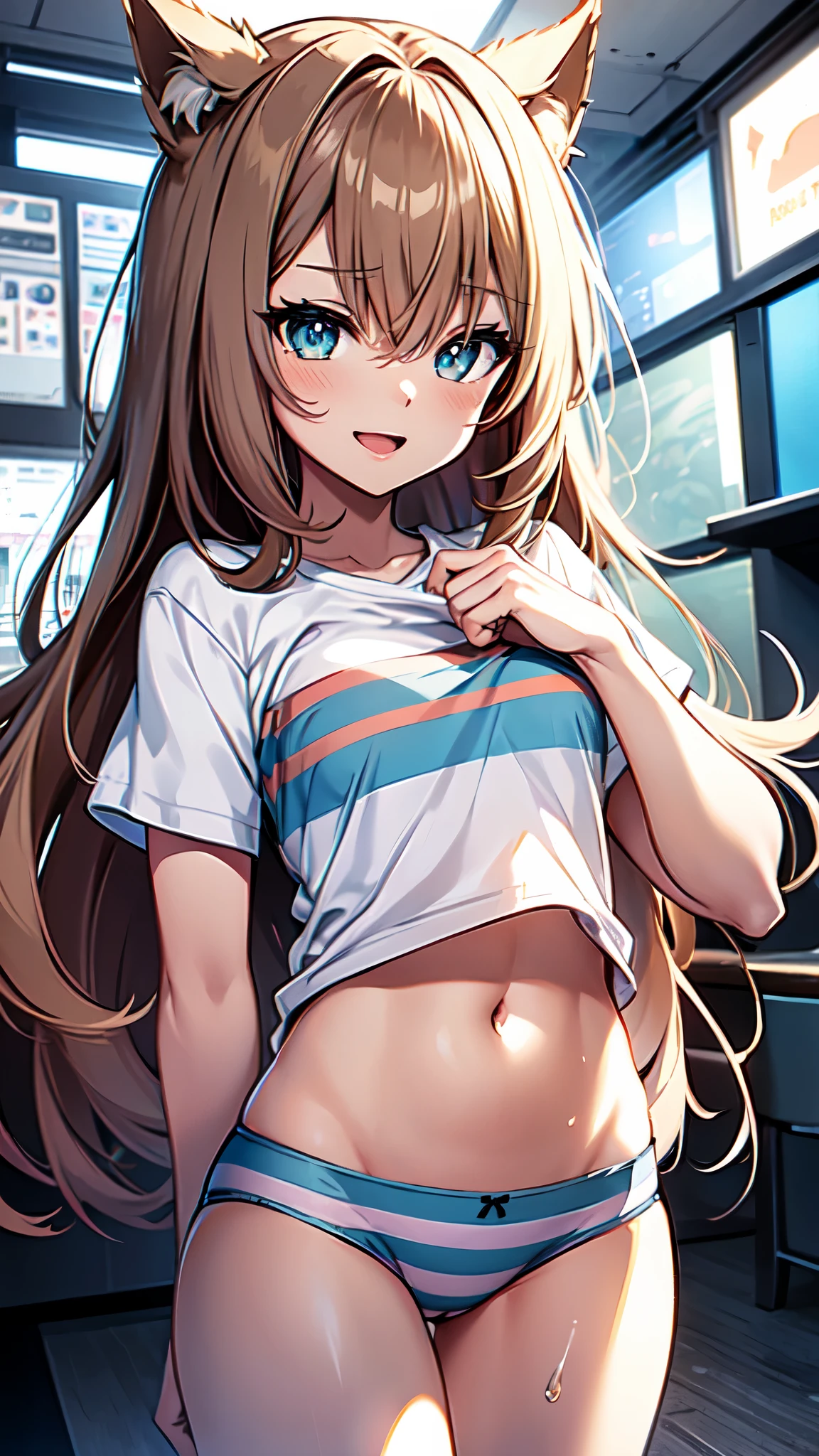Female,(chibi),(white t-shirt,flat chest:1.3),(shirt lift,raised shirt),(midriff),long hair, brown hair,(blue Striped panties:1.3),Cat ears,(cowboy shot),open mouth,smile,blush,cameltoe,masterpiece,Noise Reduction,perfect anatomy,high resolution, ultra-detailed, ultra-detailed face,game cg,dutch angle ,beautiful detailed eyes,visualart,five fingers, perfect hands, perfect lighting, sparkling pupils,