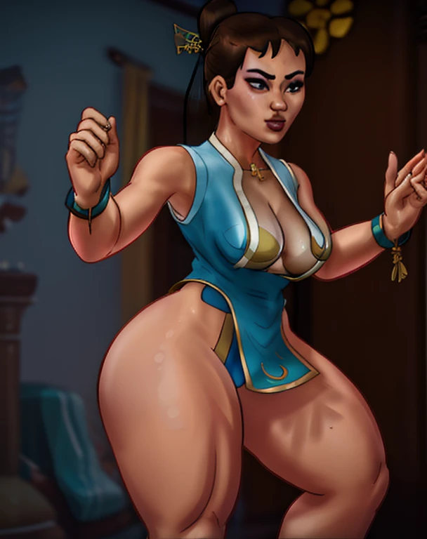 Chun-Li, Street fighters, chestnut hair, eyes browns, double bun, hair ribbon,
pelvic curtain, wristbands, neckleace, shoe,
thick-thighs, leg up, wearing dark blue qipao, showing the ass,
morning, temple, Inside the house,
(insanely detaileda, beautifull detailed face,beautiful detailed eyes, work of art, best qualityer) , standing alone, big-ass, thick-thighs, Broad Hips, dark blue qipao, (Chun-Li), Correia,