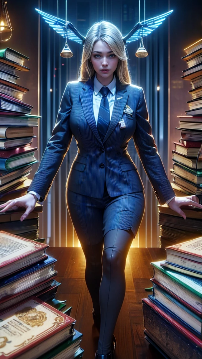 top quality, future world, State-of-the-art robot, Beautiful Woman, flying hair, Transformed into a cyborg except for the face, whole body photo, (((lawyer, law court, law related thick books on table, libra on table, suit, in office, pointing to criminals )))