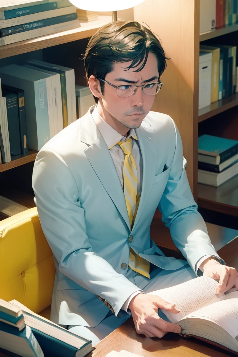 boy, alone, ((Light blue suit))、((Yellow Shirt)), lawyer, Study, Bookshelf, Legal Book, Desk lamp, reading, concentrated, Knowledge, 