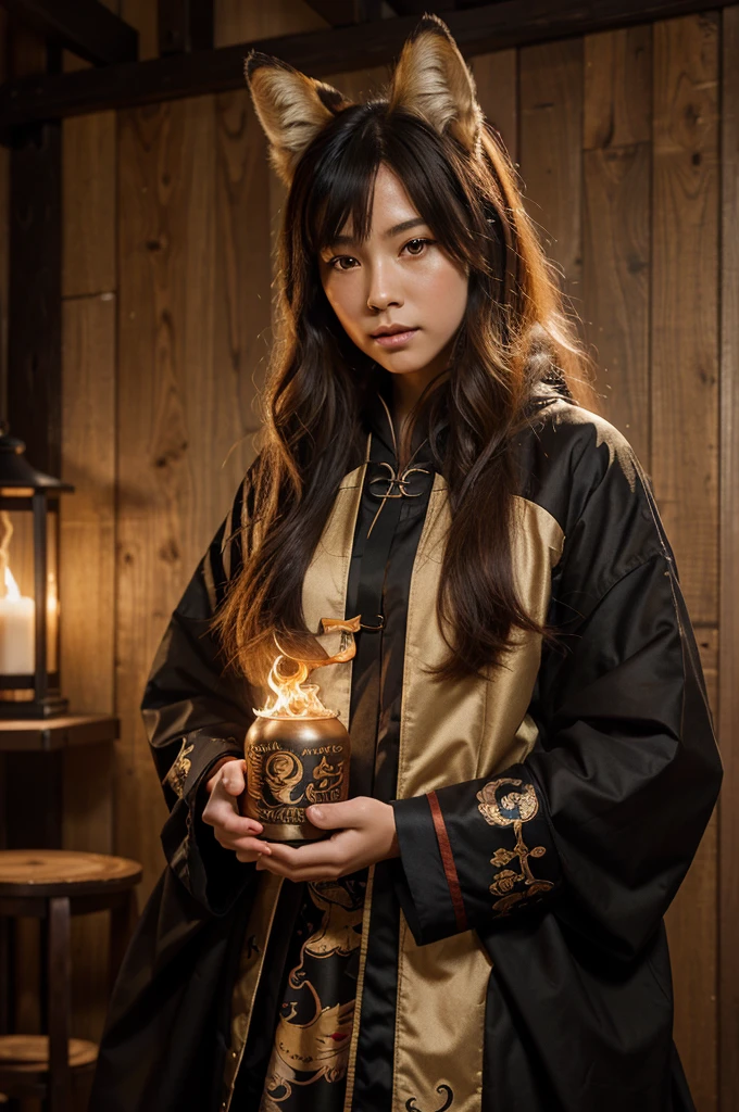 1girl,solo,, official art, unity 8k wallpaper, ultra detailed, beautiful and aesthetic, beautiful, masterpiece, best quality,, Kitsune witch, fox mask, haori jacket, foxfire spell, fox familiar, transformation,