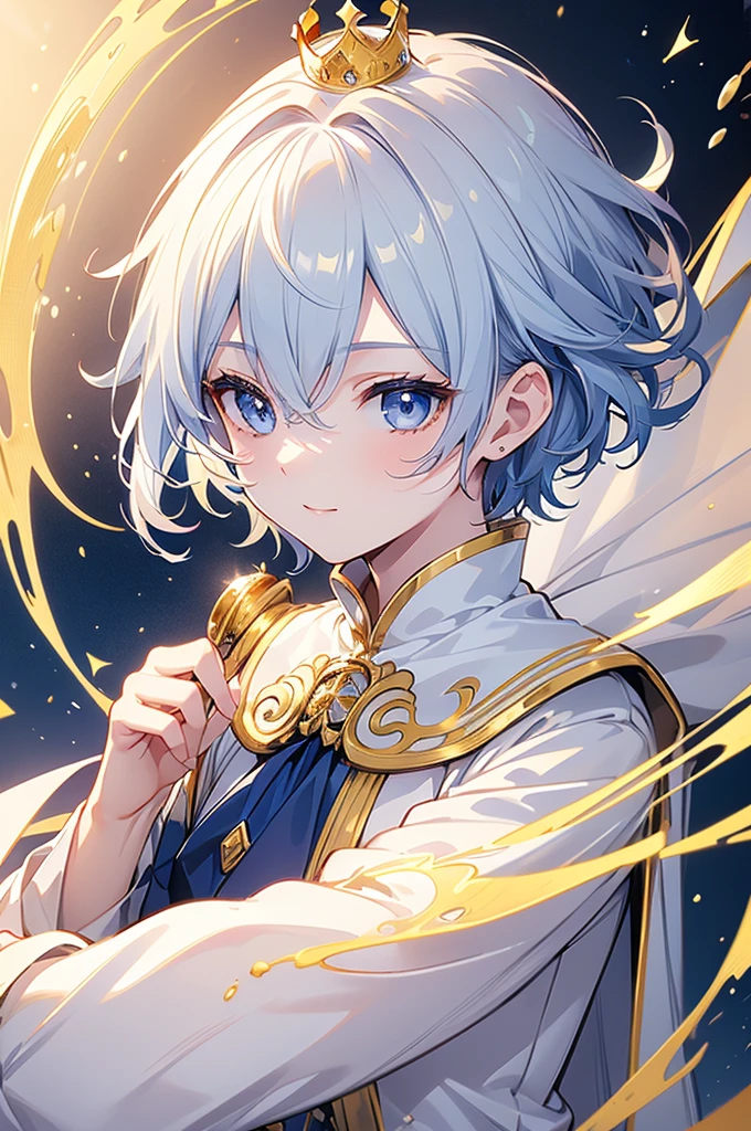 (Highest quality) (4K) (8k) (High resolution) (masterpiece:1.2) (Super detailed) One boy short hair Wizard Blue Eyes Long sleeve Golden decoration Hair between the eyes White Dress Wavy golden hair Upper Body (large crown) (White Background) (profile) Face close-up Young smile