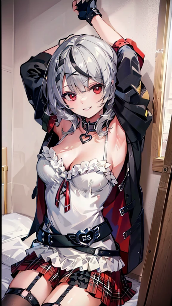 (best quality:1.2), (ultra detailed:1.2),(masterpiece:1.2),(8k:1.2),(1girl, 独奏, red eyes, sakamata chloe, garter straps, fingerless gloves, torn thighhighs, grey hair, multicolored hair, plaid skirt, cleavage, x hair ornament, red skirt, black collar, white camisole, breasts, braid, black belt, medium hair, black jacket),(Blessed,Captivating body、Ultra detailed hands、Ultra-detailed eyes、Ultra-detailed skin、ultra-detailed face,Detailed Background),One Girl、(bedroom,lie down,arms up:1.5),(smiling mischievously:1.5)