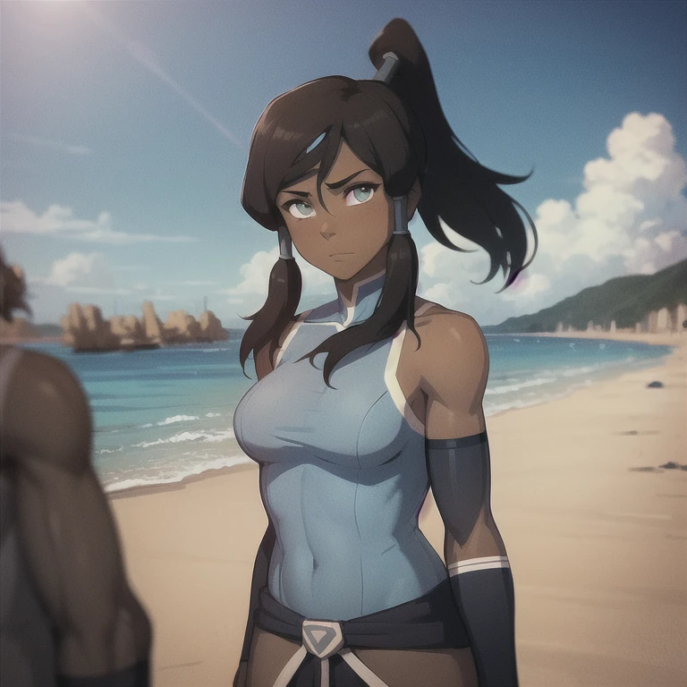 masterpiece, best quality, 1girl,  korra, toned, dark skin, ponytail, topknot,  looking at viewer, upper body, beach background, sunshine, sky, cloud, (cyan eyes:0.6)  