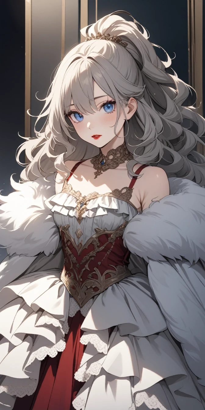 ((masterpiece)), (((best quality))), ((ultra-detailed)), ((illustration)), ((disheveled hair)), ((frills)), (1 girl), (solo)，a princess in a ball gown dress red gold and black, shoulders covered, torso covered, that goes from neck to toe, with full skirt, a long fur cape, curly hair in a high ponytail, red lips, blue eyes, detailed eyes and lips ,rating:safe,gray_hair,blue_eyes,