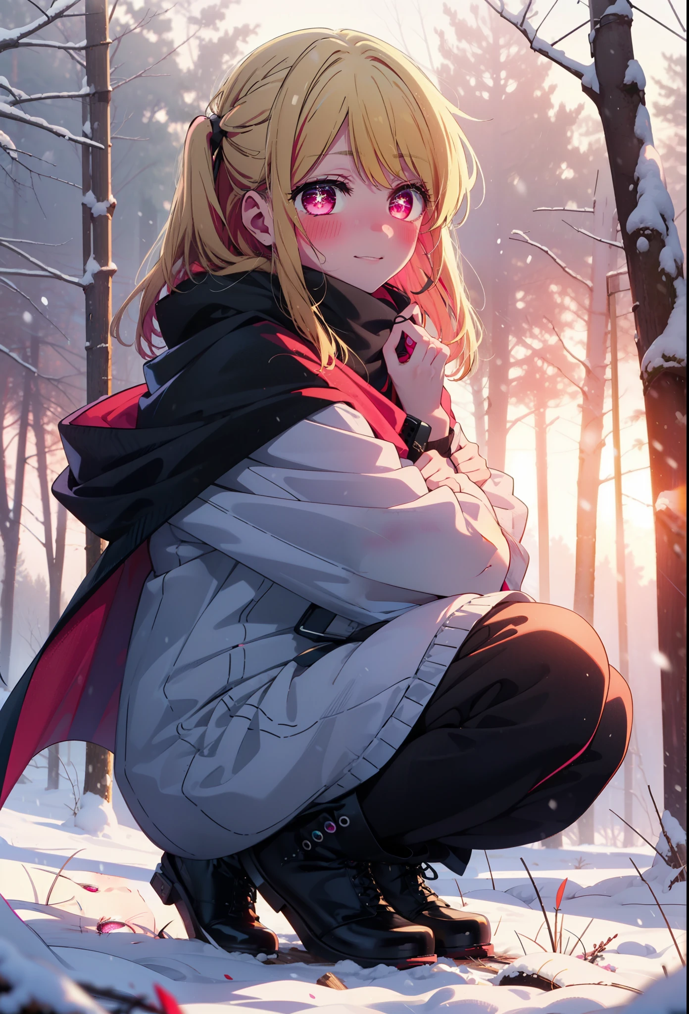 rubyhoshino, Hoshino Ruby, Long Hair, bangs, blonde, (Pink Eyes:1.3), Side Lock, (Symbol-shaped pupil:1.5), Multicolored Hair, Two-tone hair, smile,,smile,blush,white breath,
Open your mouth,snow,Ground bonfire, Outdoor, boots, snowing, From the side, wood, suitcase, Cape, Blurred, , forest, White handbag, nature, Squat, Mouth closed, Cape, winter, Written boundary depth, Black shoes, red Cape break looking at viewer, Upper Body, whole body, break Outdoor, forest, nature, break (masterpiece:1.2), Highest quality, High resolution, unity 8k wallpaper, (shape:0.8), (Beautiful and beautiful eyes:1.6), Highly detailed face, Perfect lighting, Extremely detailed CG, (Perfect hands, Perfect Anatomy),