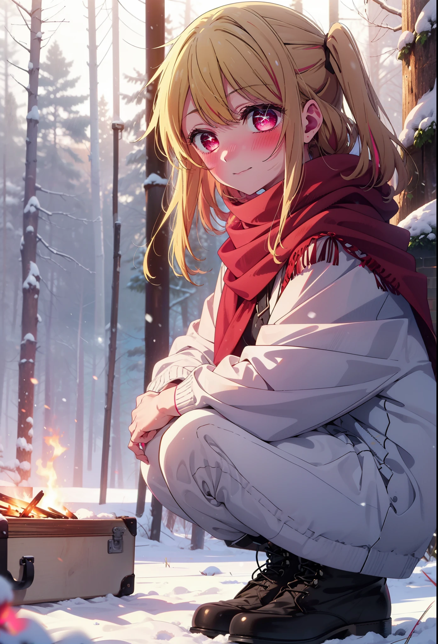 rubyhoshino, Hoshino Ruby, Long Hair, bangs, blonde, (Pink Eyes:1.3), Side Lock, (Symbol-shaped pupil:1.5), Multicolored Hair, Two-tone hair, smile,,smile,blush,white breath,
Open your mouth,snow,Ground bonfire, Outdoor, boots, snowing, From the side, wood, suitcase, Cape, Blurred, , forest, White handbag, nature, Squat, Mouth closed, Cape, winter, Written boundary depth, Black shoes, red Cape break looking at viewer, Upper Body, whole body, break Outdoor, forest, nature, break (masterpiece:1.2), Highest quality, High resolution, unity 8k wallpaper, (shape:0.8), (Beautiful and beautiful eyes:1.6), Highly detailed face, Perfect lighting, Extremely detailed CG, (Perfect hands, Perfect Anatomy),