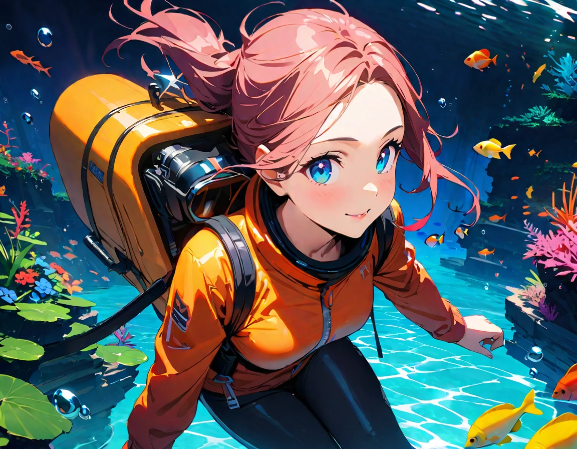 　(Highest quality:1.2, Very detailed, up to date, Vibrant, Super Detail, Ultra-high resolution, High Contrast, masterpiece:1.2, Highest quality, Best aesthetics), Detailed eyes、Underwater Scene、Anime girls、Beautiful Lips、Colorful tropical fish、coral、((Wearing a scuba diving suit:1.2))、swimming、Calm expression、rich vegetation、aquatic environment、Light of the sun、Sparkling water reflections、A breathtaking underwater world、Bright colors、Subtle lighting、Tranquility、Life at sea、A masterpiece of art、Surreal atmosphere、Diving goggles、Water bubbles、Shimizu、Tropical paradise、A blissful experience、girl&#39;happy face、coral礁、珍しいLife at sea、Rising Bubbles、Glowing fish scales、A floating sensation like weightlessness。