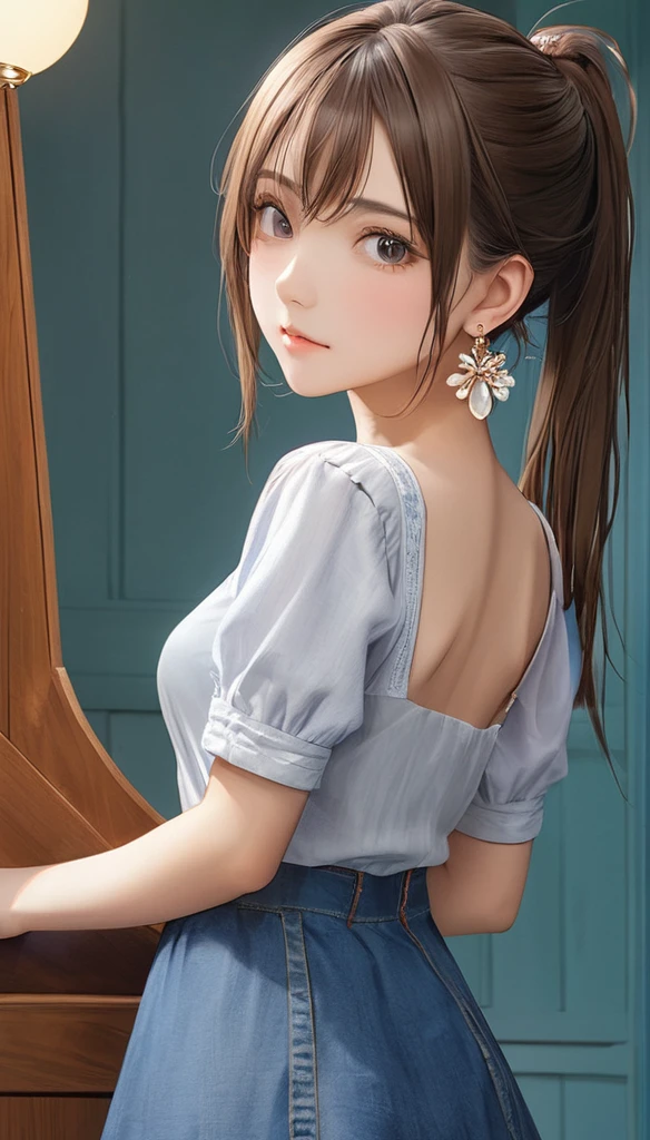 (masterpiece, Highest quality:1.2), One girl, alone,bony body、15 years old、ponytail、Earrings