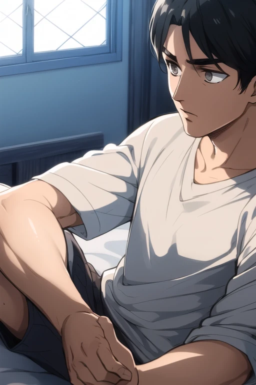 ((Practical)), (masterpiece, best quality), (Boys), Lying on the big white bed, Wearing a white shirt,(Black short hair,), serious, window
