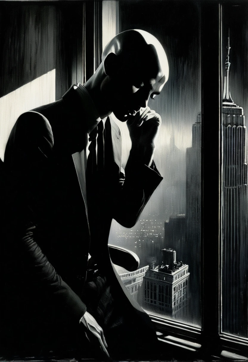 very thin young man, bald and with a black beard, next to a large window overlooking a big city,eroticism, sexy, black and white image, between shadows, oil painting, chiaroscuro, sensual, dramatic lighting, moody atmosphere, photorealistic, intricate details, masterpiece, ultra-detailed, high quality, 8k, best quality, realistic, cinematic, dark and brooding, expressionistic, powerful composition, emotional impact, Bill Sienkiewicz inspired art
