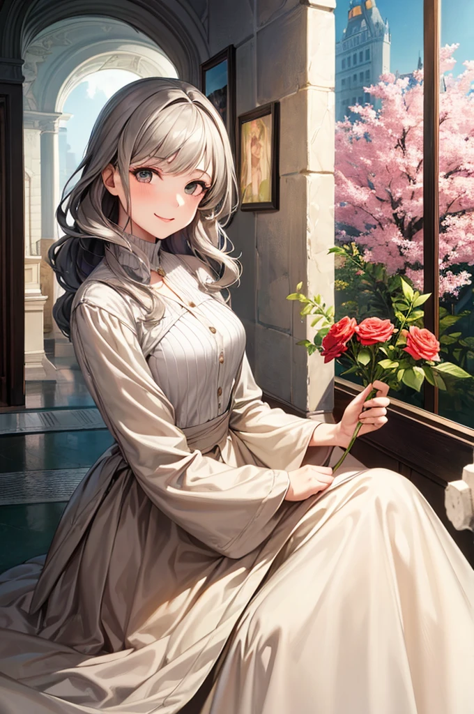 masterpiece, Highest quality, One girl, Gray Hair, smile, View your viewers, Fully mature, Holding flowers