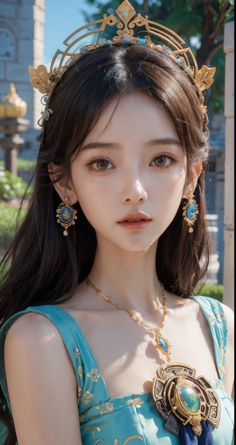 Close-up of a woman with a tia on her head, intricate ornate Animation CGI style, 4 k detail fantasy, Animation CGI, Movie goddess close-up shot, Inspired by Li Meishu, beautiful fantasy empress, Works inspired by Lan Ying, Smooth animated CG art, close-up character, Highly detailed fantasy character, game CG, Ruan Jia and Art Jereum