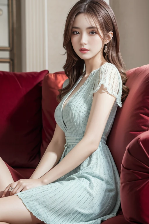 masterpiece, best quality, Practical, Very detailed, Finer details, high resolution, 8k wallpaper, A beautiful woman, Wear a dress, Perfect dynamic composition, Pretty and beautiful eyes、Sitting on the sofa、
