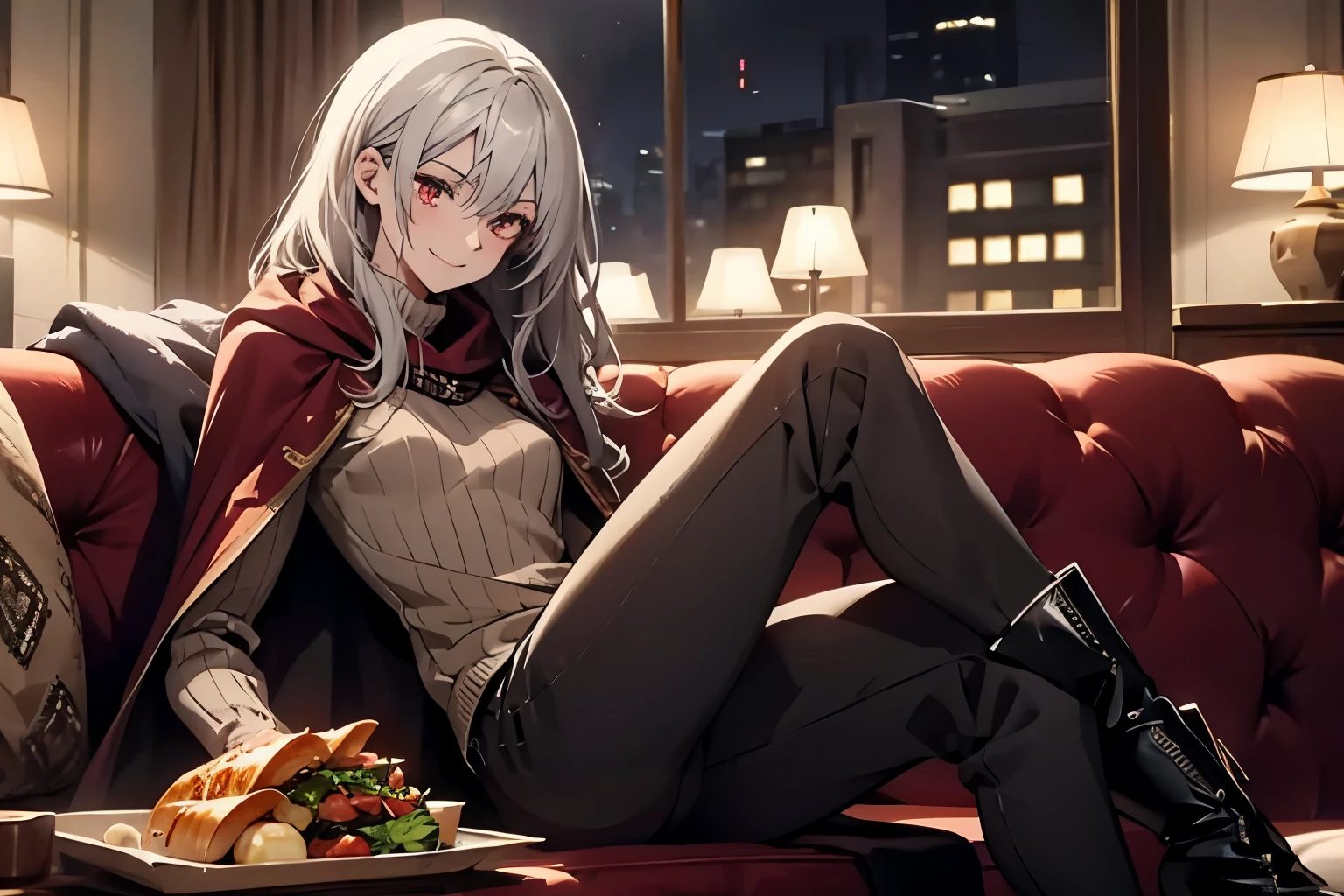 (Confused, High resolution, Very detailed), 1 female, Silver Hair,Shortcuts,Bright red eyes,sweater,24th generation,beauty,mature,thin,quiet,Calm,A small smile,A kind smile,Embarrassed smile,In front of the person I like,Food Cape,Slender and thin,boots,skinny pants,Night Library,,talk,sofa,Small breasts,