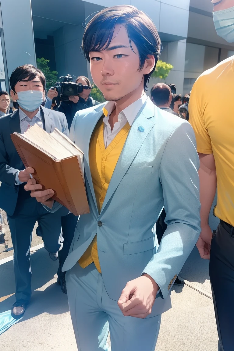 boy, alone, ((Light blue suit))、((Yellow Shirt)), lawyer, victory, smile, Outside the court, applause, joy, Legal Book, media, interview