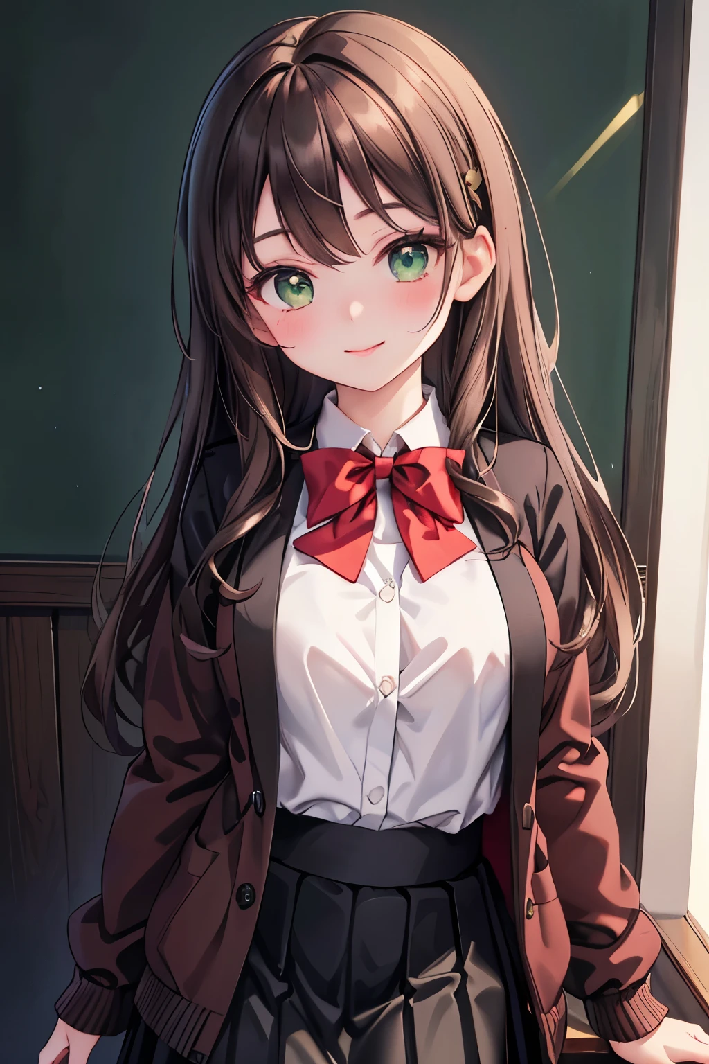 ((masterpiece, Highest quality, High resolution, 超High resolution, Pixel perfect, Written boundary depth, 4K, RTTX 10.0, High resolution))), 1 girl, single, alone, Beautiful Anime Girls, Beautiful art style, Anime characters, ((Long Hair, bangs, Dark brown hair, Curly Hair:0.4, Simple hairpin)), ((Green Eyes:1.4, Round eyes, Beautiful eyelashes, Realistic eyes)), ((Detailed face, blush:1.2)), ((Smooth texture:0.75, Realistic texture:0.65, Realistic:1.1, Anime CG style)), Medium chest, ((Dynamic Angle, throw, close)), Perfect body, ((Red bow tie, , Black jacket, Open jacket, Brown cardigan, White shirt, Black Skirt, Checked skirt)), smile,